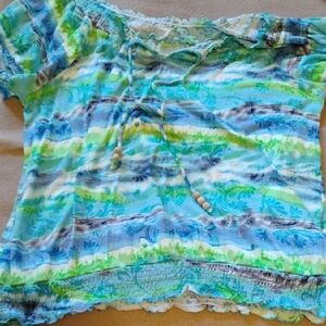 Striped Off-Shoulder Tie-Front Blouse in Aqua and Green